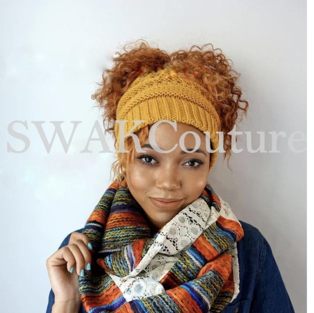 NEW Messy Bun Afro Puff Beanie Chunky Cable Knit Mustard Yellow